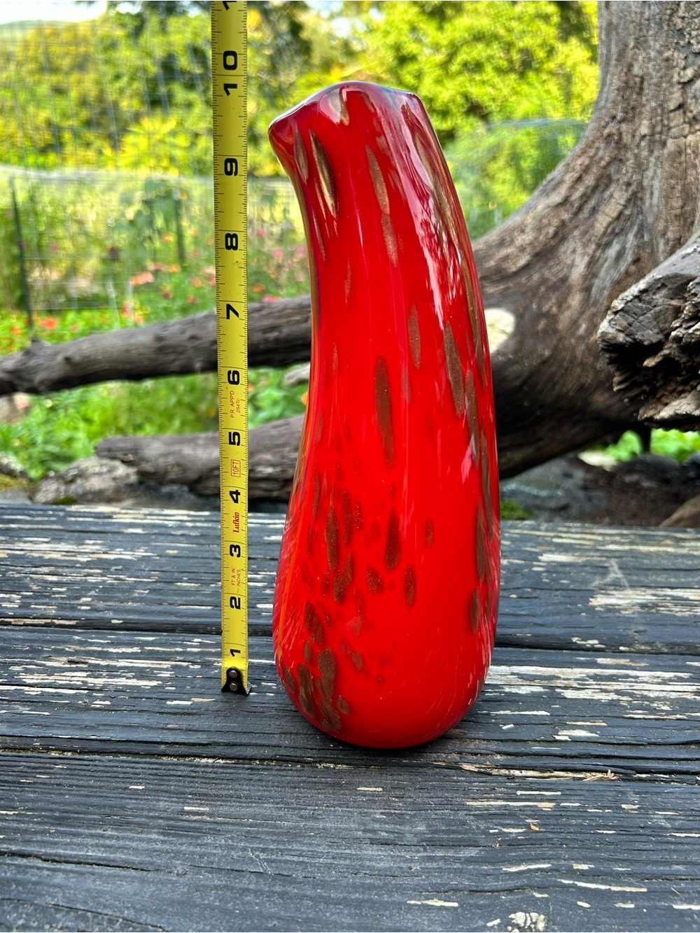 Vtg Murano Style Red Art Glass Vase Gold Aventurine Flecks Asymmetric 9.5"